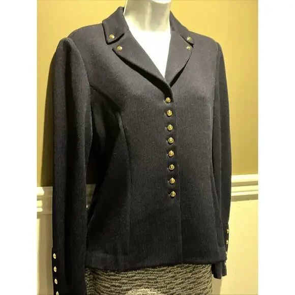 Vtg St John 2pc Skirt Suit Navy Blue Santana Knit Gold Tone Button Jacket Sz 2